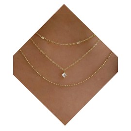 QLEUIFT 1 x Boho Layered CZ Crystal Necklace Gold Square Solitaire Pendant Necklace Mini Rhinestone Necklace Multilayer Ball Chain Necklace Jewellery for Women and Girls