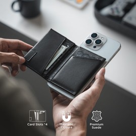 VULKIT Magnetic Wallet Compatible with Most Smartphones, RFID Blocking Credit Card Holder, Fits 4 Cards, Premium Nappa Leather