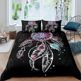 Erosebridal Dream Catcher Bedding Set King Size Bohemian Dream Catcher Duvet Cover Mandala Comforter Cover Feathers Bedding Set Exotic Indian Style Bedding for Kids Boys Girls Teens Black
