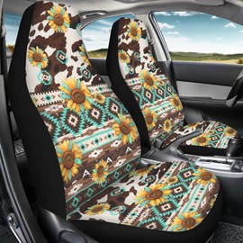 Quelytytrip Cow Sunflower Aztec Print Car Seat Cover Universal Bucket Front Seats Protector Fit Most Cars,Truck SUV Van