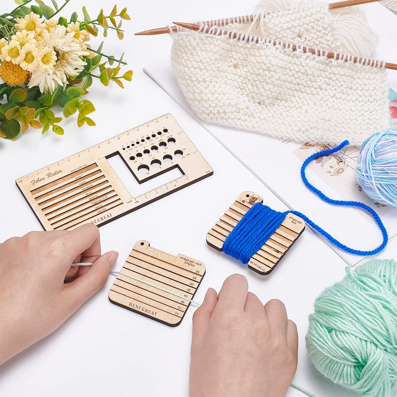 BENECREAT 3Pcs Knitting Needle Gauge Multifunctional Wood Spinning Control Card