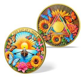 Flower & Butterfly Sobriety Coin - One Day at a Time AA/NA Chip Medallion - Affirmation Recovery Token Gift for Sober Women & Men in Addiction Recovery