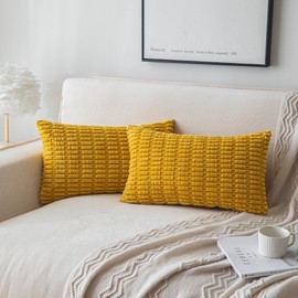 SHITURRE Decorative Throw Pillow Covers for Couch Bed Sofa Livingroom, Mustard Yellow Lumbar Cushion Covers Corduroy Striped Pillowcases for Boho Home Decor(12"x20", 2 Packs)