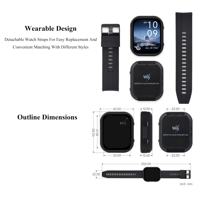ESP32-C6 2.06inch AMOLED Touch Watch Development Board, 410×502 Pixels, RISC-V
