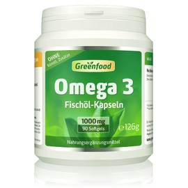 Greenfood Omega 3 Fisch?l, 1000 mg, extra hochdosiert, 90 Softgels - reich an EPA/DHA. Gut fr Herz (EPA/DHA), Sehkraft (DHA), und Gehirnfunktion (DHA). OHNE knstliche Zus?tze. Softgel-Kapseln.
