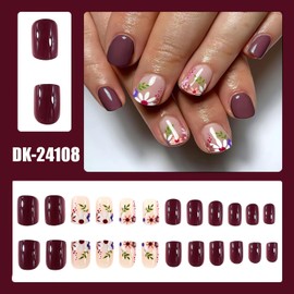 LPOODDNU Spring Press on Nails Short Flowers Fake Nails - Square Shape Brown Colored Flower Nails Press on Small Daisy Glue on Nails Full Cover Artificial Nails Short Stick on Nails for Women, 24Pcs