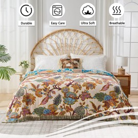 ERZVND 100% Muslin Throw Blanket for Couch, Butterfly and Floral Double Embroidery Fall Throw Blanket 60"x80" for Sofa, Chair, Woven Cotton Reversible Mexican Blanket