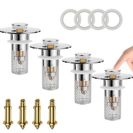 Congzikji 4PCS Bathroom Sink Stopper Strainer, Pop Up Sink Drain Strainer Hair Catcher, Universal Sink Drain Plug with Removable Stainless Steel Floor Filter