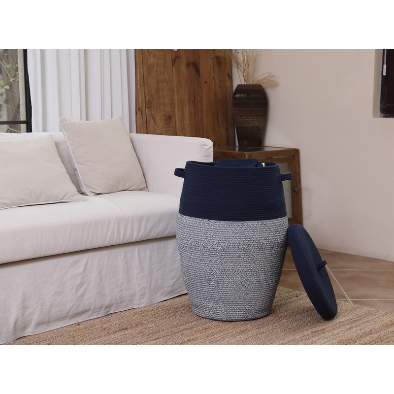 26"x20" Handcrafted Tall Cotton Rope Basket with Lid, Stylish Flagon