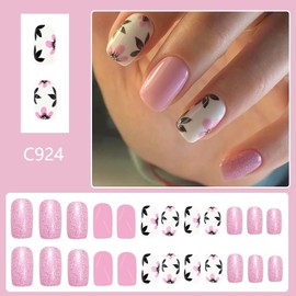 Medium Press On Nails Square Fake Nails Flower With Glitter Design Pink False Nails Full Cover Glue On Nail Artificial Acrylic Glossy Stick On Nail For Women Manicure Art 24pcs