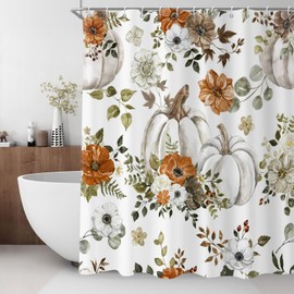 GCIREC Fall Watercolor Pumpkin Shower Curtain, Autumn Thanksgiving Harvest Pumpkins with Floral Bathroom Curtain Bathtub Home Decor Waterproof Fabric Machine Washable with 12 PCS Hooks,72" Wx72 L