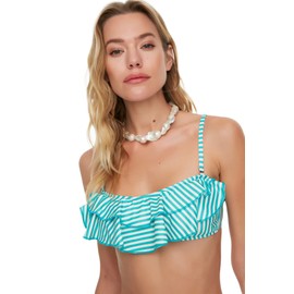 TRENDYOL Women's Strapless Striped Flywheel Bikini Top, Green