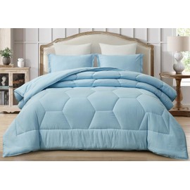 Chezmoi Collection Vero Chambray Blue Comforter Set Queen Size 3-Piece Fluffy Soft Lightweight Bedding Honeycomb Geometric Stone-Washed Microfiber Comforter Set for All Season