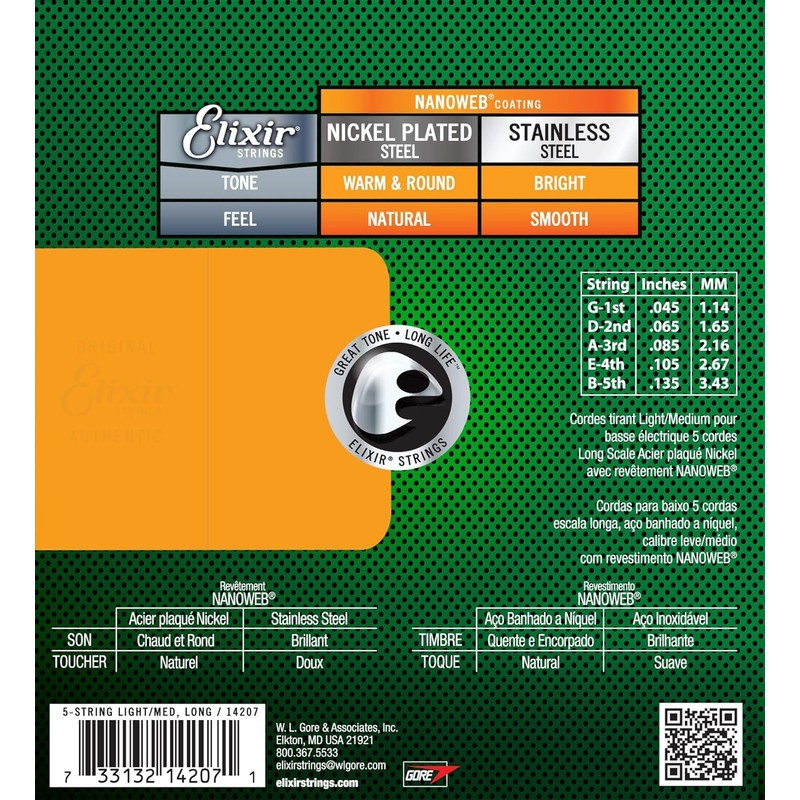 Elixir Base Strings NANOWEB Nickel 5 String Light/Medium .045-.135 14207