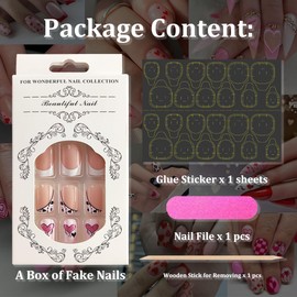 Valentines Nails Press on Nails Short Square French Tips Fake Nails with Design Valentines Day Nails Glitter Heart Design Valentines Heart French Full Cover False Nails Stick on Nails for Women Girls