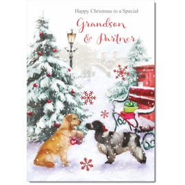 doodlecards Grandson and Partner Christmas Card Two Dogs in Snow Medium Size Christmas Card for Grandson & Partner with Plain Envelope