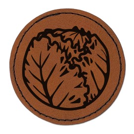 Iceberg Lettuce Vegetable Round Iron-On Engraved Faux Leather Patch Applique - 2.5 Inch - Brown
