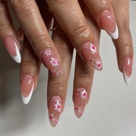 MISUD Almond Press on Nails Medium Fake Nails Glossy Glue on Nails White French Tip Acrylic Nails Stiletto Artificial Nails Spring Pink Flower Stick on False Nails with Design 24 pcs