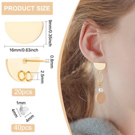 BENECREAT 20 aretes chapados en oro real de 18 quilates, medio redondo, 9 x 16 mm, latón con bucles verticales y 40 tuercas para aretes para hacer joyas, agujero: 2,5 mm