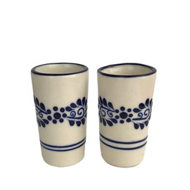 Mexican Shot Glasses, Hand-painted in Mexico - Great for Tequila, Mezcal and Sangrita, 2 oz set of 2 - Classic Blue Flores Lineas Abajo