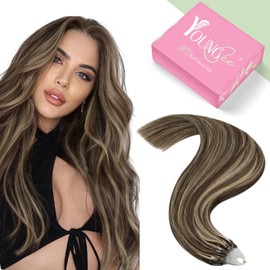 YoungSee Micro Hair Extensions Human Hair Brown Microbead Hair Extensions Highlight Dark Brown With Blonde Microlinks Hair Extensions Human Hair 18In 50s/50g Micro Ring Hair Extensions Real Human Hair