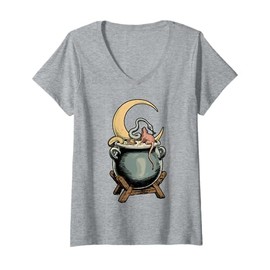 Womens Witchcraft Aesthetic Vintage Witch Cauldron Crescent Moon V-Neck T-Shirt