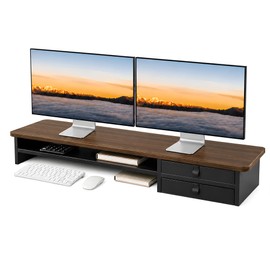 ExaDesk Dual Monitor Stand, 42.5 Inch Wood Monitor Riser with Drawers, 2 Tier Desktop Organizer for Computer Laptop TV, Large Screen Stand for Home Office Desk