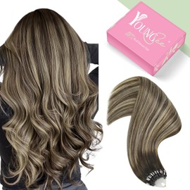 YoungSee Micro Link Hair Extensions Balayage 20 Inch Micro Ring Hair Extensions Dark Brown Ombre Blonde Balayage Brown Bead Extensions Human Hair 50g 50s Microring Hair Extensions Human Hair