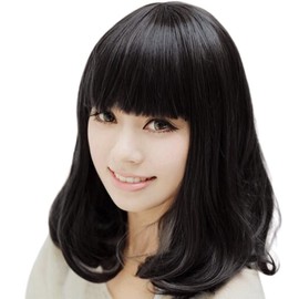 COLSUNOR Wig, Small Facial Effect, Lightweight, Semi-Long, Curly Hair, Medium Women's, Wavy Wig, Net Included, Full Wig, Curly Bob (Black)