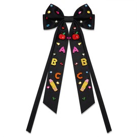 Vokone Teacher Hair Bows for Women Teacher ABC Pencil Hair Bow Clips Jeweled Satin Ribbon Bow Barrette Hair Clip Back to School Accessories Teacher Appreciation Gifts Beaded ABC Black