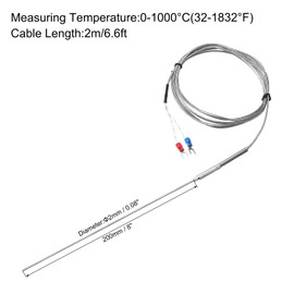 QUARKZMAN K Type Thermocouple Temperature Sensor Probe 2 x 200 mm 6.6 ft Wire 0 to 1000 °C (32 to 1832°F) Stainless Steel