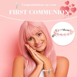 Rosary Bracelet Cross Pearl Bracelet for Girls Baptism Communion Catholic Confirmation Gifts for Granddaughter Daughter Niece, Easter Basket Stuffers for Teens