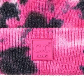 C.C Kids' Babies' Soft Stretch Cable Knit Faux Fur Pom Pom Beanie Hat, Tie Dye Black/Hot Pink