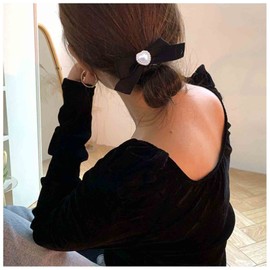 Yheakne Velvet Bow Hair Clip Satin Black Long Tail Hair Bow Headpiece Winter Hair Scrunchie Bow French Hair Clip Headpiece Hair Accessories for Women and Girls (Satin Black)