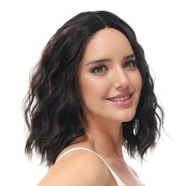 BUYOGET Medium Short Wig Wavy Bob Wig Realistic Natural Lace Front Scalp Adjustable Synthetic Shoulder Length Curly Wigs for Women Dark Brown mix Bleach Blonde