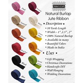 Maker's Craft 1.5inch Natural Burlap Jute Ribbon Roll 10 Yards for DIY in Vintage Colors Gift Wrapping, Craft Projects, Christmas Tree, Wedding Decoration, Home Decorations Color Blue Turquoise