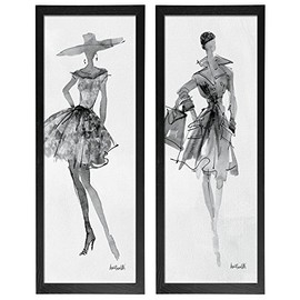Runway Fashion Model Sketch Panel Sets by Anne Tavoletti; Two framed 6x18in Prints; Ready to hang