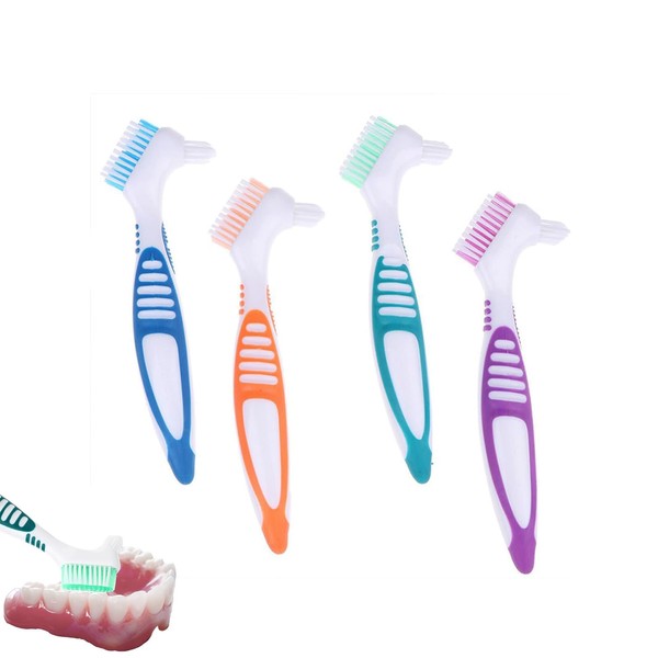 Denture Brush 4 Pieces Denture Brush, Hard Denture Brush, Denture Cleaning, Cleaning Brush, Double Bristle Head Toothbrush for Denture Care