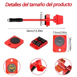 WADY Patines para Muebles, Conjunto de Herramientas para Mover Muebles con Elevador de Altura Ajustable y 4 Ruedas, Elevador de Muebles Deslizadores para Mover Muebles Pesados (Rojo, Grande)
