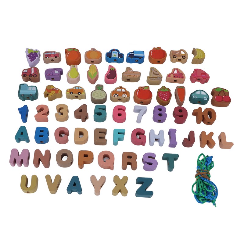 64pcs Lacing Bead Set Wooden Number Fruit Pattern Stringing Beads