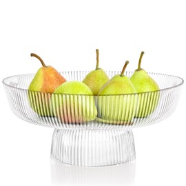 ZOOFOX Fruit Bowl for Kitchen Counter, Large Decorative Glass Bowl with Pedestal, Ribbed Pedestal Bowl for Fruit, Vegetable, Salad and Dessert, Key Bowl for Entry Table