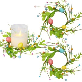 2Pcs Easter Egg Candle Rings Wreaths Spring Egg and Pip Berry Candle Rings Artificial Easter Egg Candle Holder Mini Wreaths 8.7" for Spring Holiday Home Kitchen Table Centerpiece(Turquoise)
