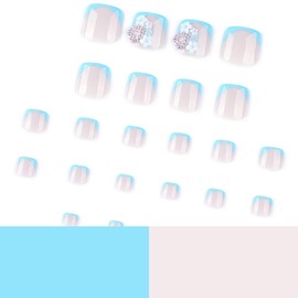 Blue French Tips Press on Toenails Short Square False Toenails with Flower Charm Design Rhinestone Hearts Fake Toenails Glossy Summer Glue on Toenails Beach Stick on Toenails for Women Manicure 24Pcs