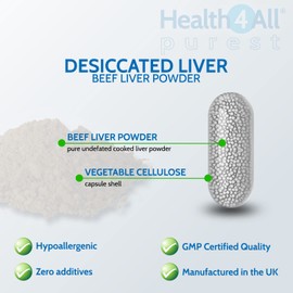 Health4All Desiccated Beef Liver 750mg 120 Capsules (V) (not Tablets) Purest - No additives. Non-defatted Natural Source of readily absorbable Vitamins and Minerals