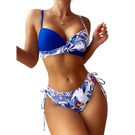 WDIRARA Traje de baño de bikini con estampado floral tropical para mujer, Azul (Tropical Blue), S