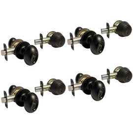 eBuilderDirect Dark Oil Rubbed Bronze Entry Entrance Oval Egg Shaped Knob Handle with Matching Single Cylinder Deadbolt Combo Combo Pack Keyed Alike 6093DBR (4 Set)