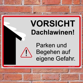 Sign with caution roof avalanches, parking and walking at your own risk sign 450 x 300 mm landscape format, sturdy aluminium composite plate, 3 mm thick, includes 4 corner holes