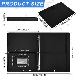 bssmmai Black Choir Folder for Singers, PU Music Folder for Sheet Music, A4, Piano Ring Binder with Hand Strap and Pen Holder, Music Folder with Inner Pocket, Maximum Capacity, 200 Sheets