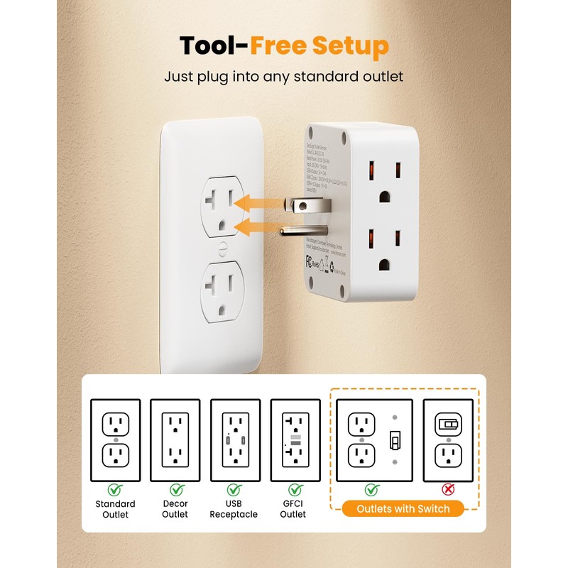 HONIZER Flat Outlet Extender with 4AC Side Outlet,Multi Plug with