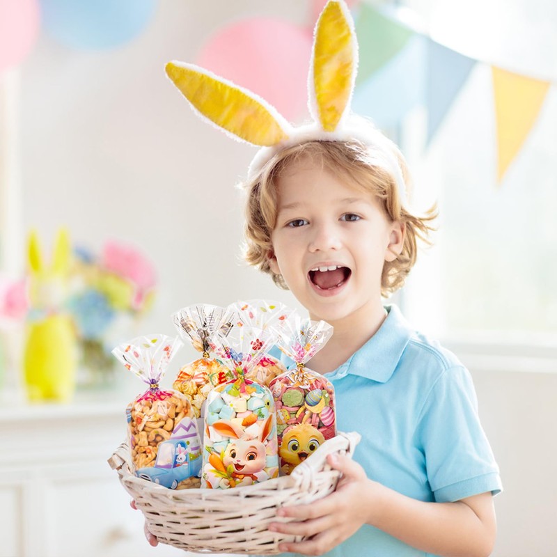 RICEDUO Easter Cellophane Treat Bags, 100 Pieces Stereoscopic Effect Easter
